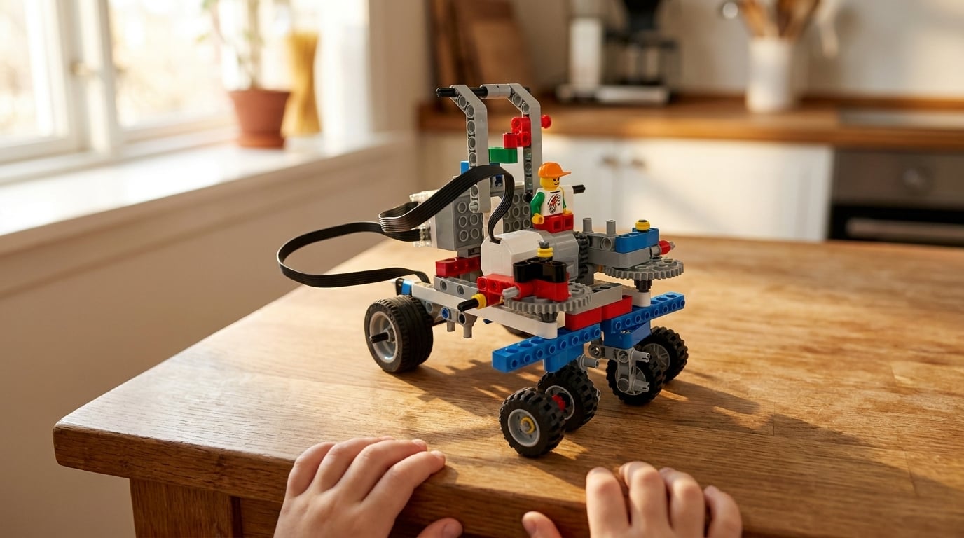 Child’s hands holding a finished Roboatom mars rover build
