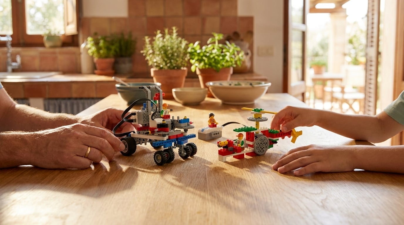 Parent and child assembling a Roboatom kit — only hands and backs visible, no faces