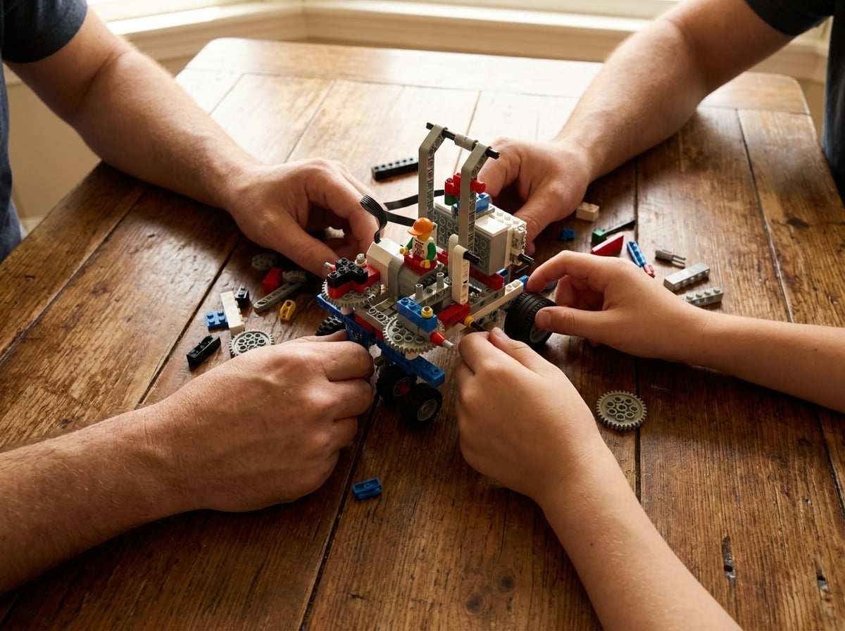 Close-up of hands connecting Roboatom plastic kit parts