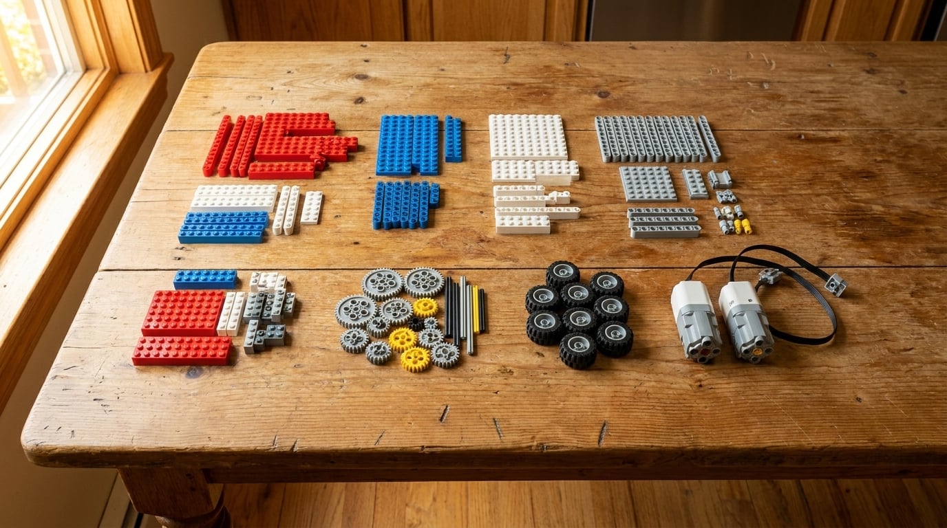 Roboatom parts laid out on a table before assembly
